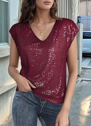 V - Neck Sequin Cap Sleeve Top - MimiStylez