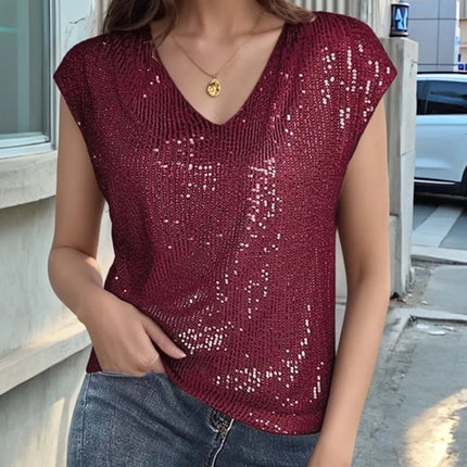V - Neck Sequin Cap Sleeve Top - MimiStylez