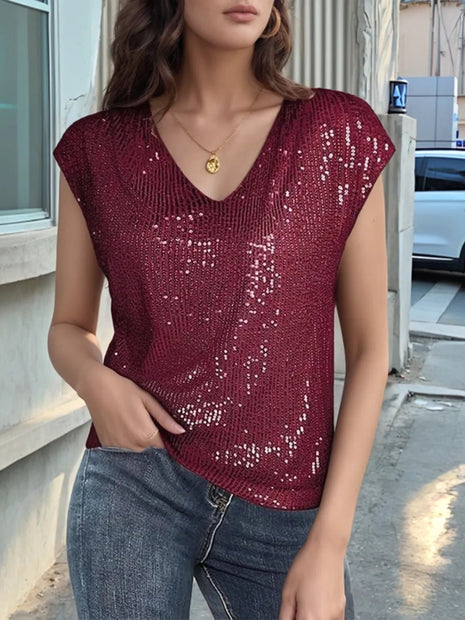 V - Neck Sequin Cap Sleeve Top - MimiStylez