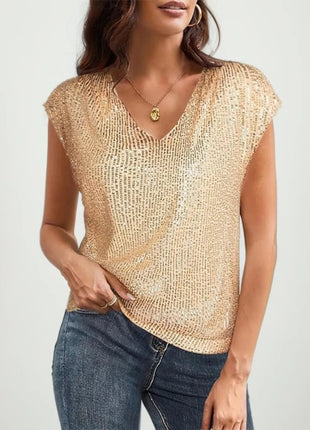 V - Neck Sequin Cap Sleeve Top - MimiStylez