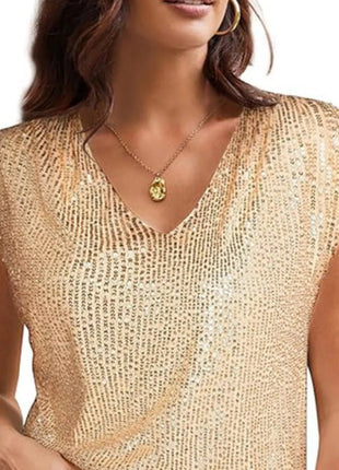 V - Neck Sequin Cap Sleeve Top - MimiStylez