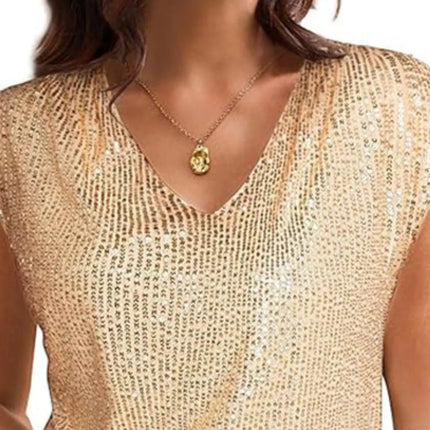 V - Neck Sequin Cap Sleeve Top - MimiStylez