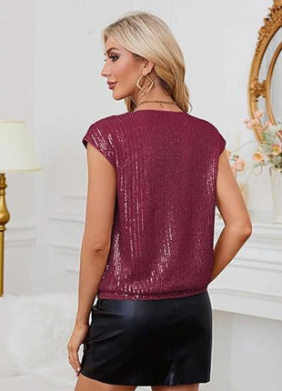 V - Neck Sequin Cap Sleeve Top - MimiStylez