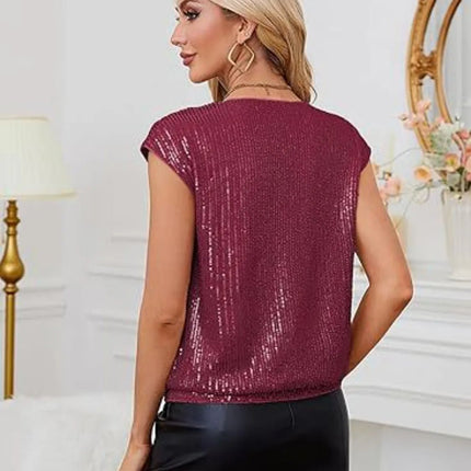 V - Neck Sequin Cap Sleeve Top - MimiStylez