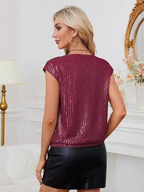 V - Neck Sequin Cap Sleeve Top - MimiStylez