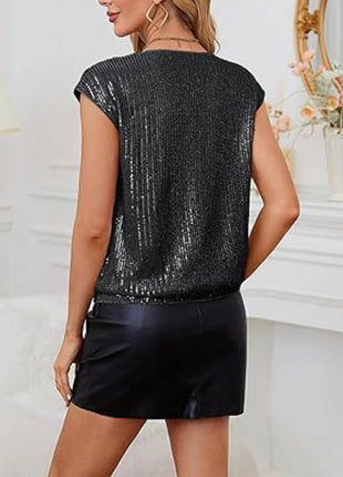 V - Neck Sequin Cap Sleeve Top - MimiStylez