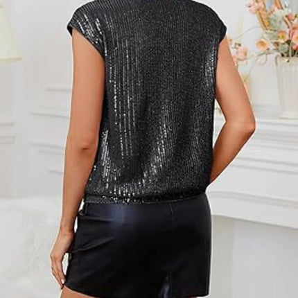V - Neck Sequin Cap Sleeve Top - MimiStylez
