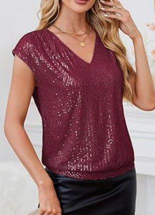 V - Neck Sequin Cap Sleeve Top - MimiStylez