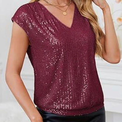 V - Neck Sequin Cap Sleeve Top - MimiStylez