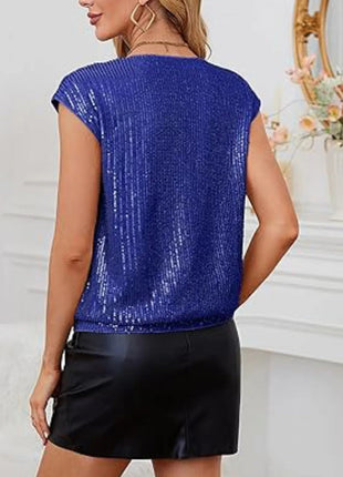 V - Neck Sequin Cap Sleeve Top - MimiStylez