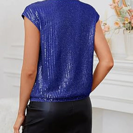V - Neck Sequin Cap Sleeve Top - MimiStylez