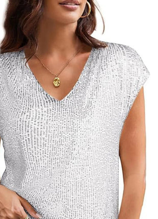 V - Neck Sequin Cap Sleeve Top - MimiStylez