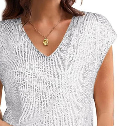 V - Neck Sequin Cap Sleeve Top - MimiStylez