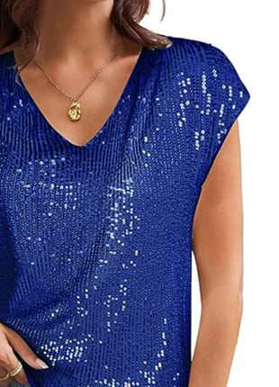 V - Neck Sequin Cap Sleeve Top - MimiStylez
