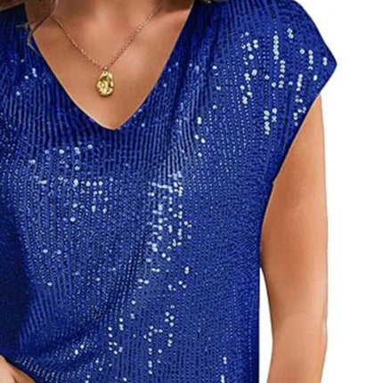 V - Neck Sequin Cap Sleeve Top - MimiStylez