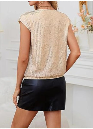 V - Neck Sequin Cap Sleeve Top - MimiStylez