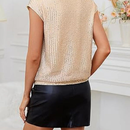 V - Neck Sequin Cap Sleeve Top - MimiStylez