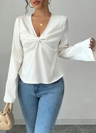V - Neck Twist Front Long Sleeve Blouse - MimiStylez