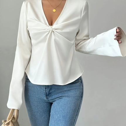 V - Neck Twist Front Long Sleeve Blouse - MimiStylez