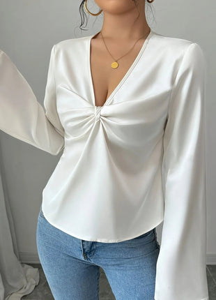 V - Neck Twist Front Long Sleeve Blouse - MimiStylez