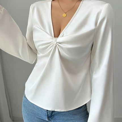 V - Neck Twist Front Long Sleeve Blouse - MimiStylez