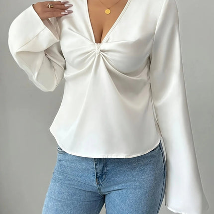 V - Neck Twist Front Long Sleeve Blouse - MimiStylez