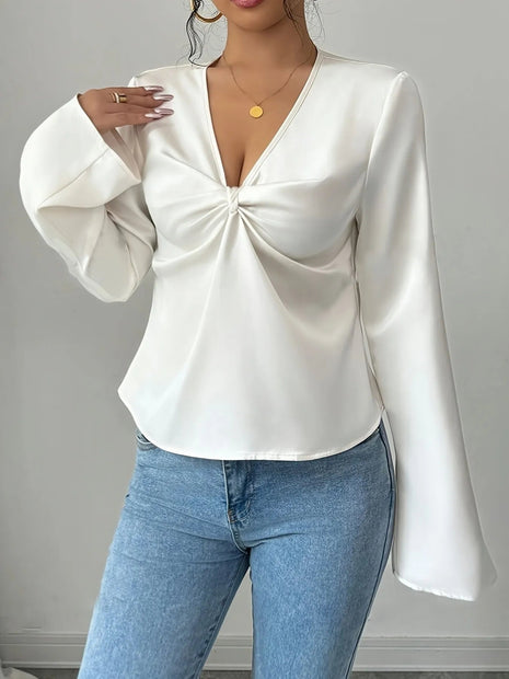 V - Neck Twist Front Long Sleeve Blouse - MimiStylez