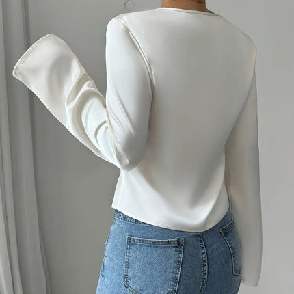 V - Neck Twist Front Long Sleeve Blouse - MimiStylez