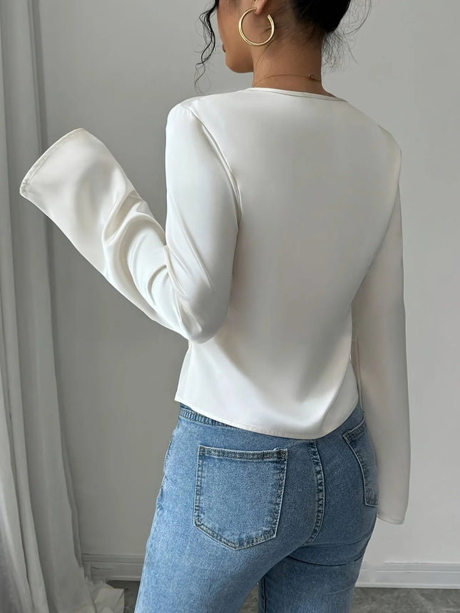 V - Neck Twist Front Long Sleeve Blouse - MimiStylez