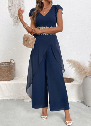 V - Neck Wide Leg Jumpsuit - MimiStylez