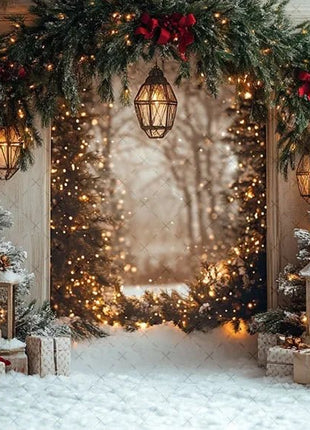 Winter Christmas Forest Glitter Arch Door Xmas Family Portrait Decor Backdrop - MimiStylez