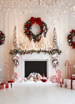 Winter Wonderland Background Banner - Pink Curtains and Snowy Christmas Tree Backdrop - MimiStylez