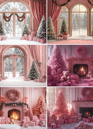 Winter Wonderland Background Banner - Pink Curtains and Snowy Christmas Tree Backdrop - MimiStylez