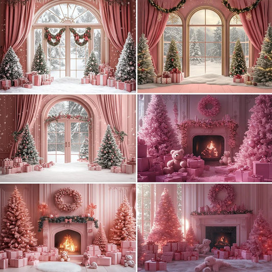 Winter Wonderland Background Banner - Pink Curtains and Snowy Christmas Tree Backdrop - MimiStylez