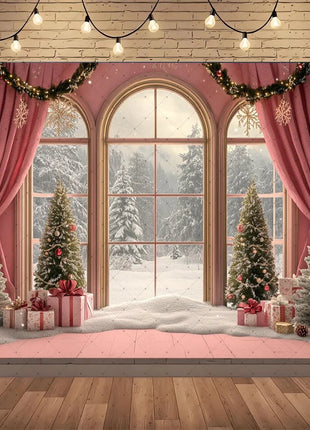 Winter Wonderland Background Banner - Pink Curtains and Snowy Christmas Tree Backdrop - MimiStylez