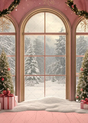Winter Wonderland Background Banner - Pink Curtains and Snowy Christmas Tree Backdrop - MimiStylez