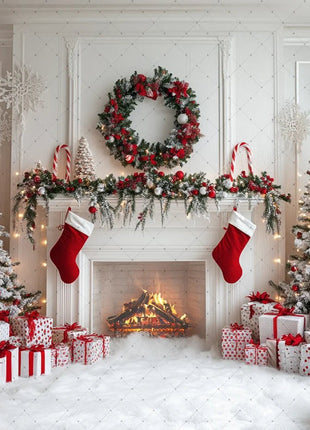 Winter Wonderland Background Banner - Pink Curtains and Snowy Christmas Tree Backdrop - MimiStylez