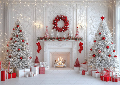 Winter Wonderland Background Banner - Pink Curtains and Snowy Christmas Tree Backdrop - MimiStylez