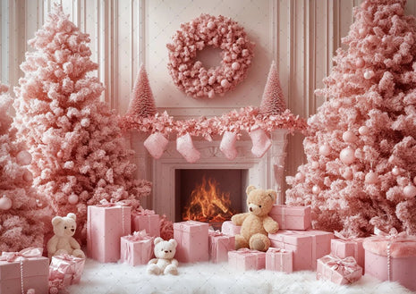 Winter Wonderland Background Banner - Pink Curtains and Snowy Christmas Tree Background - MimiStylez