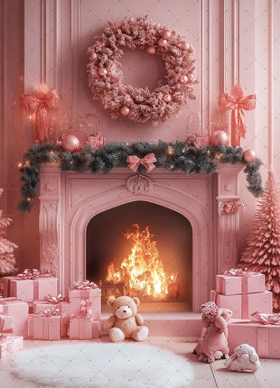 Winter Wonderland Background Banner - Pink Curtains and Snowy Christmas Tree Background - MimiStylez