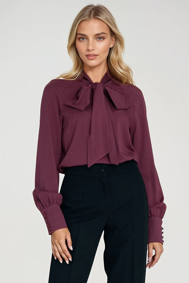 Women’s Elegant Viscose Blouse with Neck Scarf & Long Buttoned Cuffs - MimiStylez