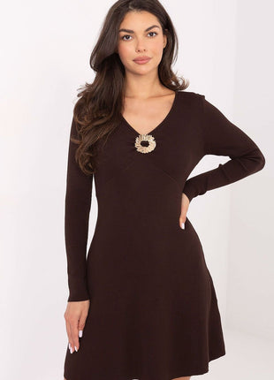 Women’s Knitted Mini Dress with V - Neck & Long Sleeves - MimiStylez