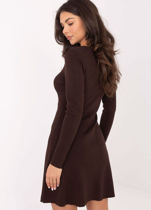 Women’s Knitted Mini Dress with V - Neck & Long Sleeves - MimiStylez