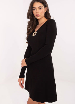 Women’s Knitted Mini Dress with V - Neck & Long Sleeves - MimiStylez