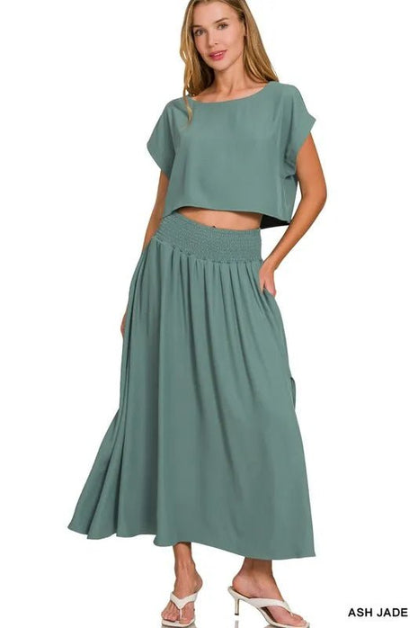 Zenana Heavy Woven Span Crop Tee & Skirt Set - MimiStylez
