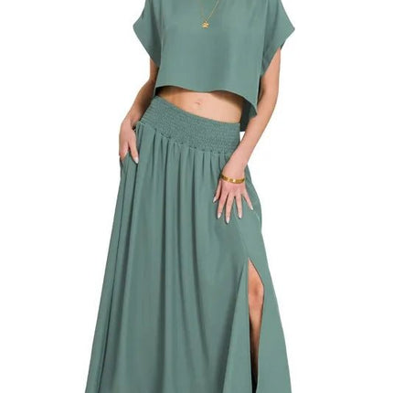 Zenana Heavy Woven Span Crop Tee & Skirt Set - MimiStylez