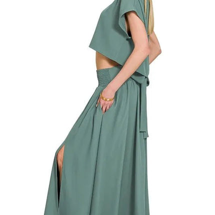 Zenana Heavy Woven Span Crop Tee & Skirt Set - MimiStylez